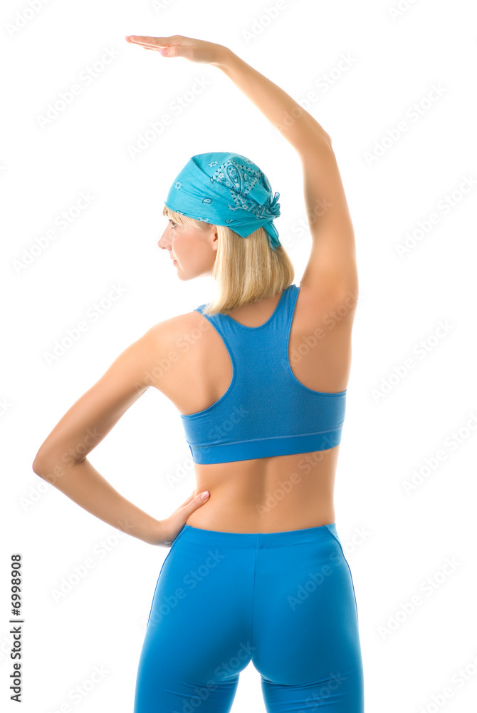 Young woman doing fitness exercise isolated on white background Young woman doing fitness exercise isolated on white background