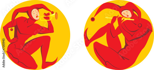 The musician, the clown to play on a pipe, a flute, music