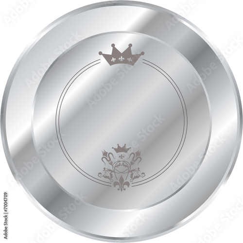 Shiny silver button with a crown and beveled edges