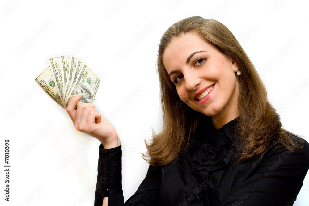 Beautiful business woman holding money and smiling.. Beautiful business woman holding money and smiling..