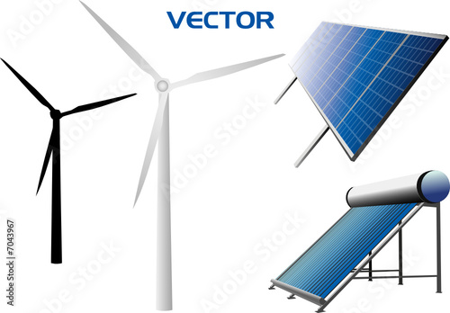 vectorial icons of solar panels and wind turbines