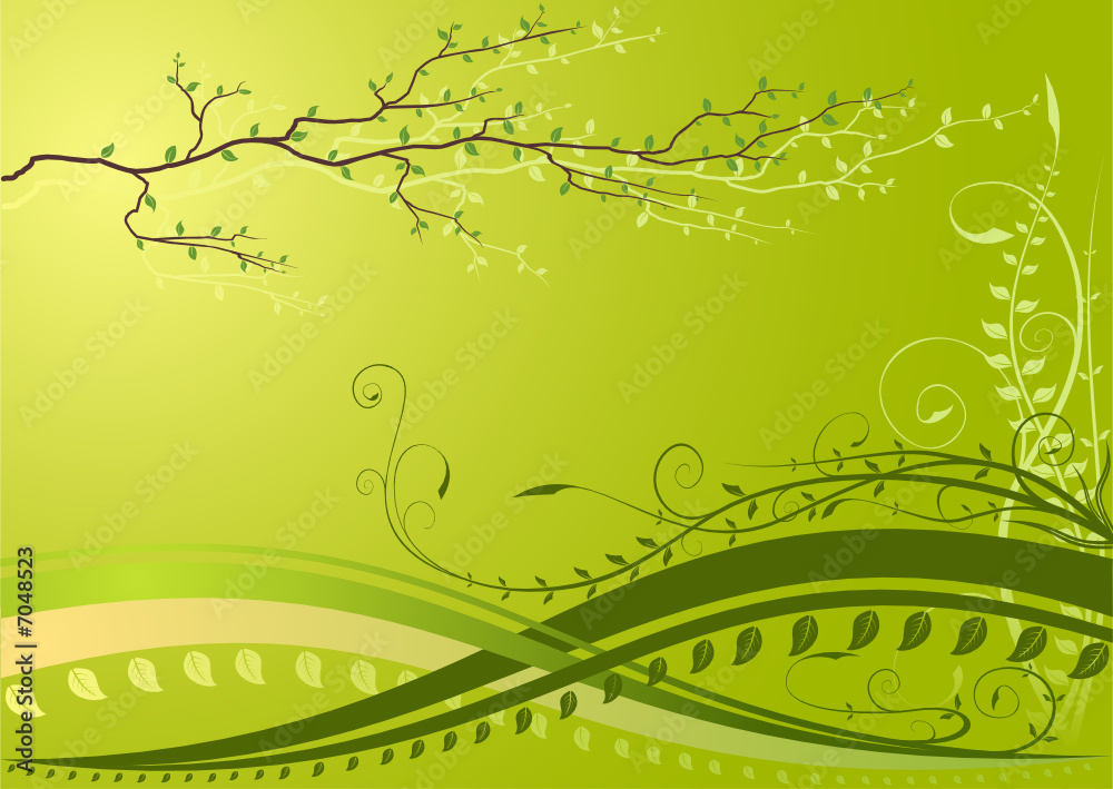 Green spring background with branch and plants Green spring background with branch and plants