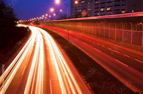 City  highway with blurred traffic lights