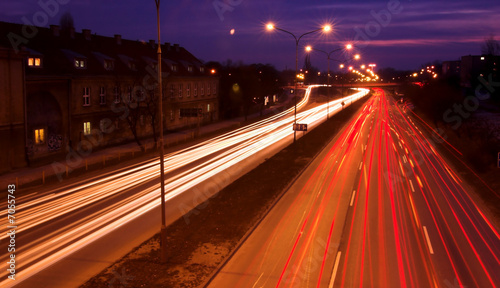 City  highway with blurred traffic lights