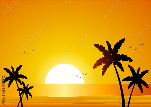 Tropical sunset background with sea and palms