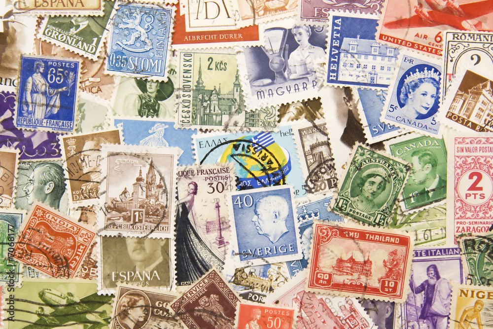 Postage stamps from all over the world background