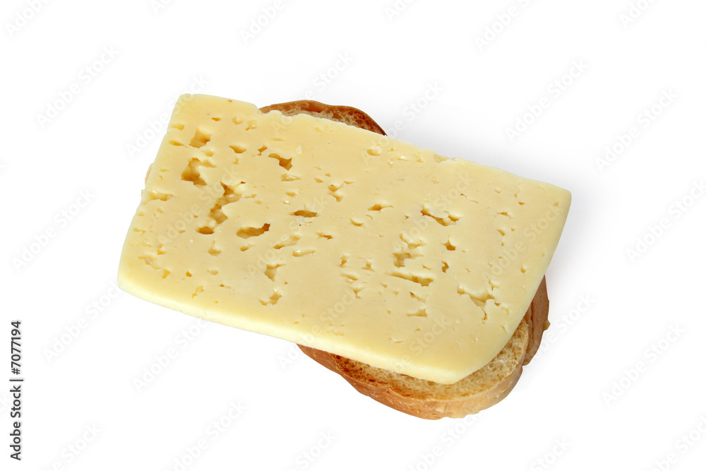 White toast with slice of cheese on white background