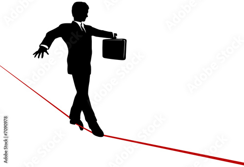 Business Man Balance Risk on High Wire Tightrope