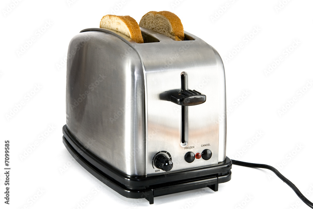 Shiny chrome toaster with two slices of bread Shiny chrome toaster with two slices of bread