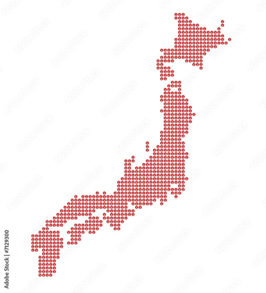 Karte von Japan aus Yen-Zeichen auf rotem Punkt