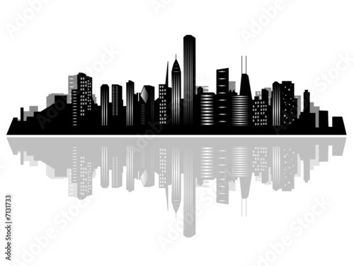 Chicago city skyline and its reflection on water.