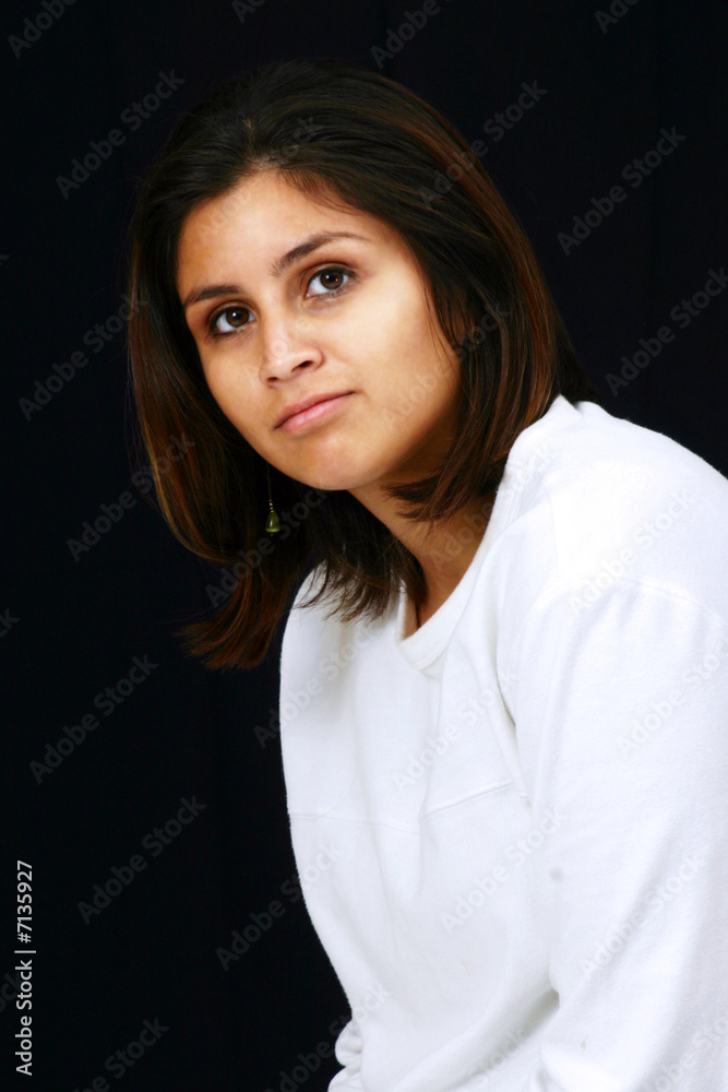 Girl Wearing White Shirt on a Black Background