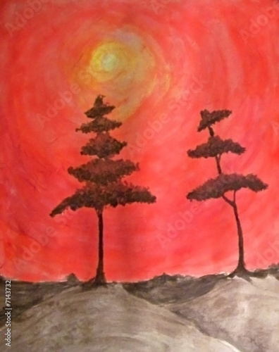 Painting of Tree with Sun in Background