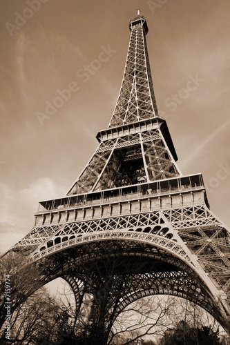 Wide-angle view of the Eiffel Tower, sepia toning #7159774