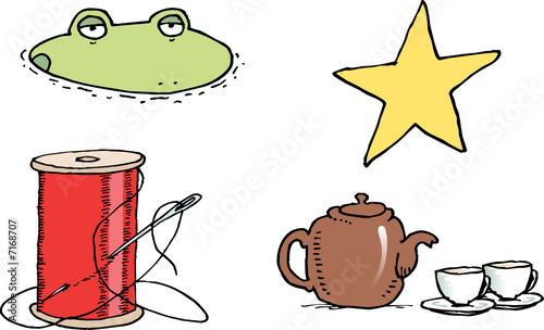 frog, star, thread, teapot