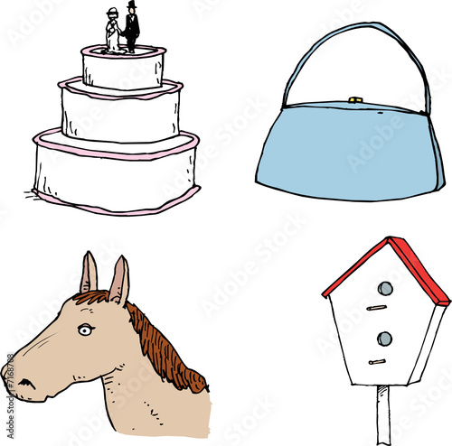 wedding cake, purse, handbag, horse, birdhouse