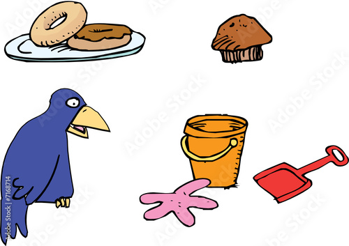 Donuts, muffin, bird, sand pail and shovel