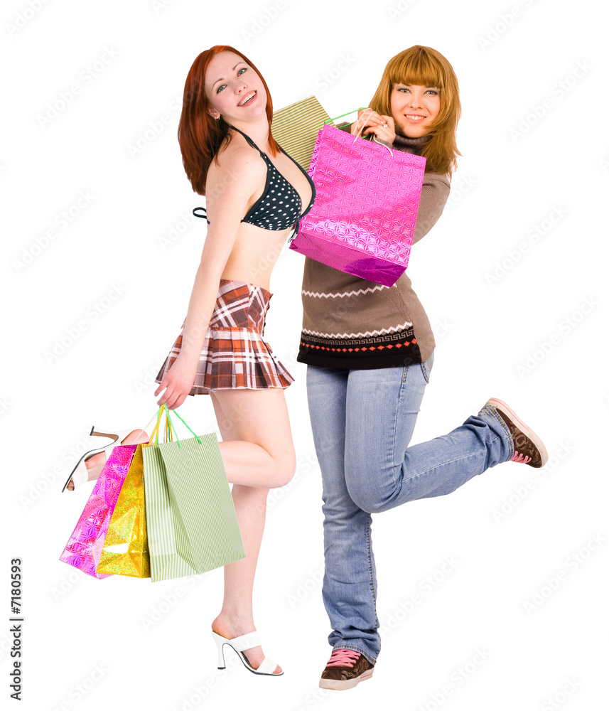 two voluptuous shopping ladies dancing with pleasure