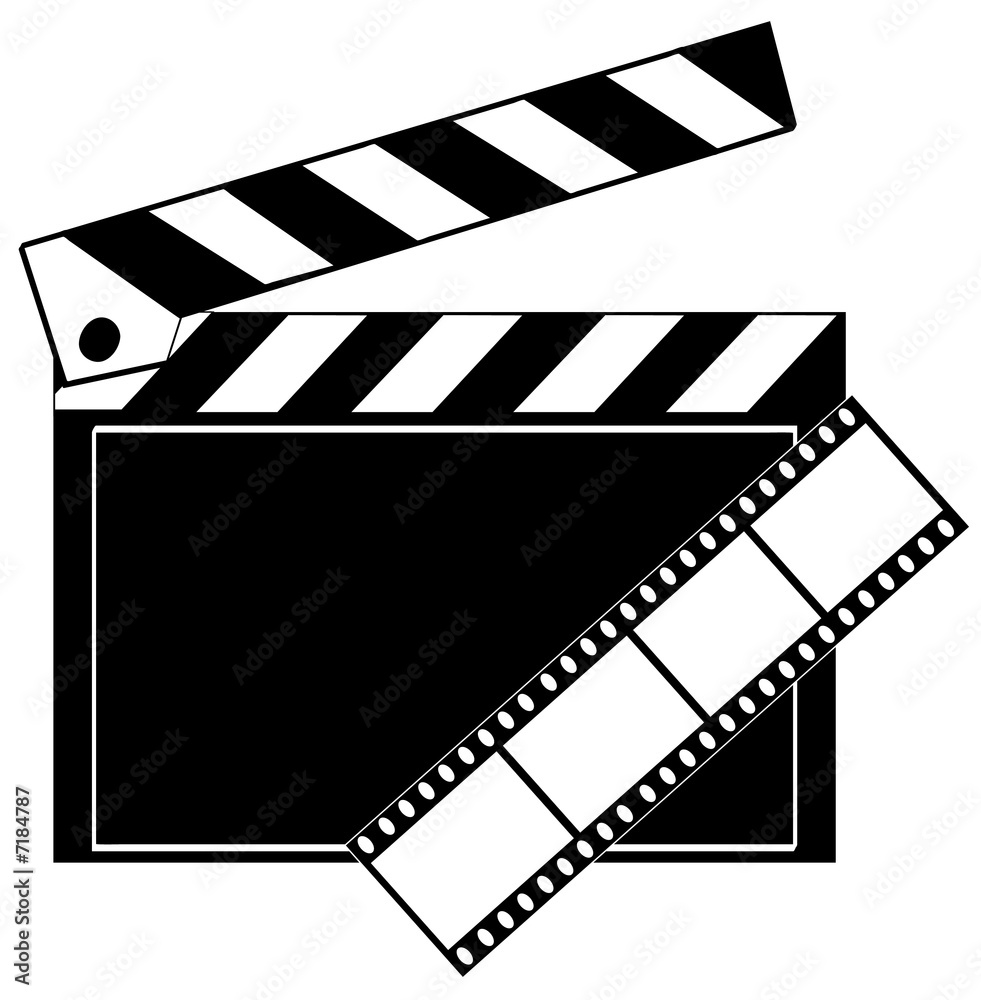 movie film strip and clapboard in black and white 