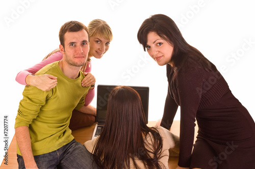 Group of students with laptop on white