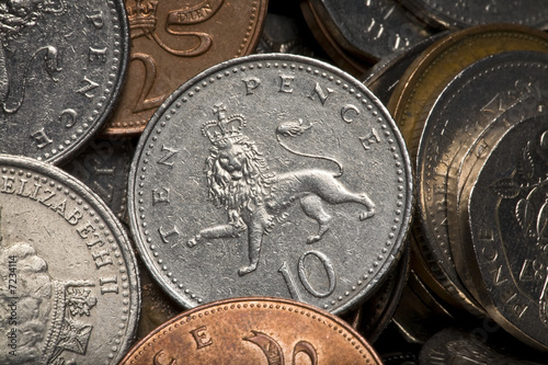 British sterling coins. Ten pence close-up. 