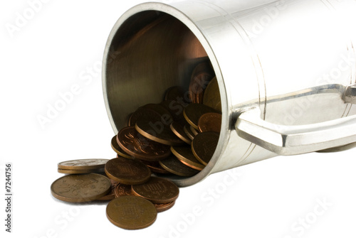 A tankard full of pennies on a white background