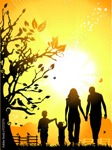 Happy family walks on nature, sunset