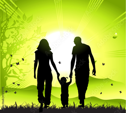 Happy family walks on nature, sunset