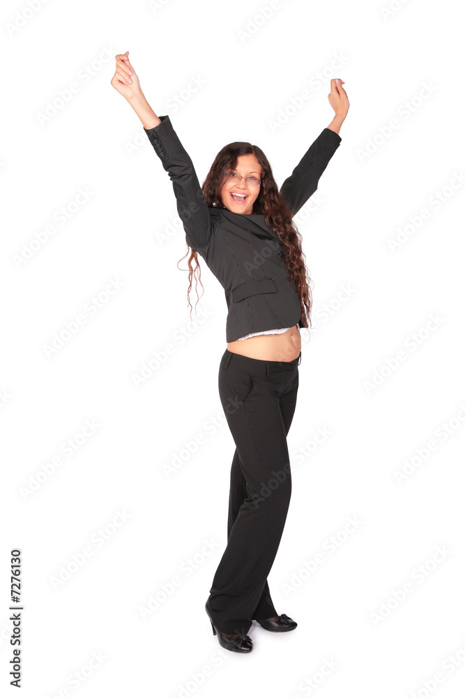 beautiful brown-haired woman with raised hands
