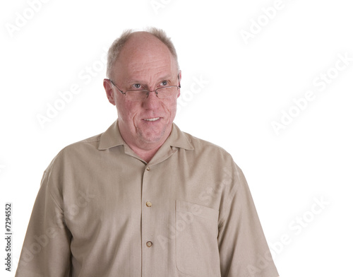 Old Guy in Brown Shirt and Glasses Looking Up