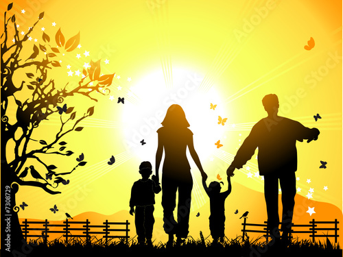 Happy family walks on nature, sunset