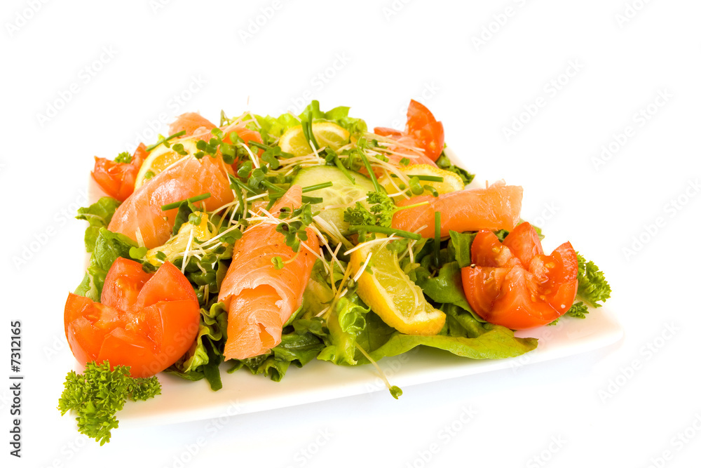 Square Plate filled with smoked salmon salad Square Plate filled with smoked salmon salad