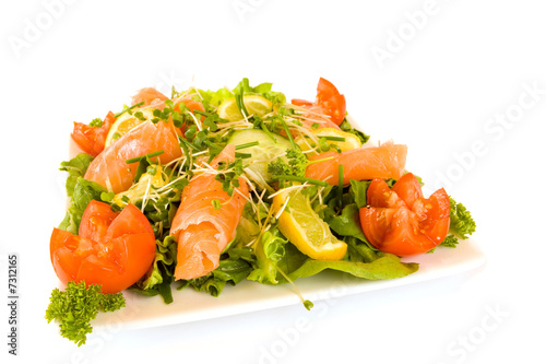 Square Plate filled with smoked salmon salad