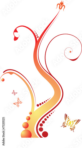 Abstract floral design with flowing line in orange and red