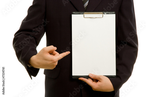 Businessman holding a blank notepad. Room for your text.