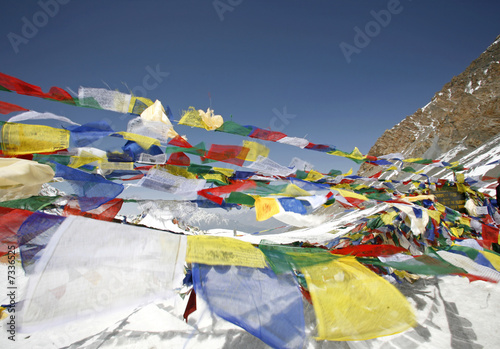 praying flags floating in the wind , annapurnas, nepal