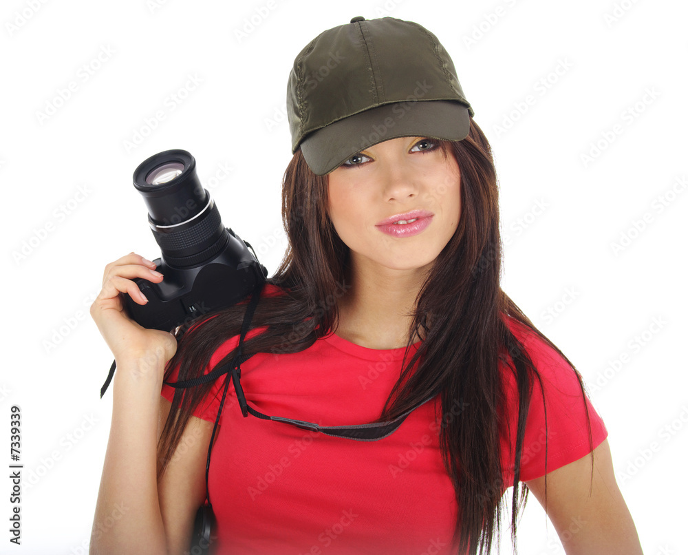 sexy girl holding a photo camera foto de Stock | Adobe Stock