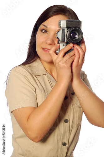 woman with old camera