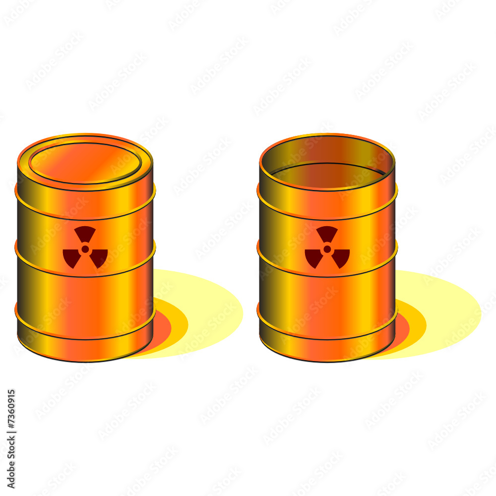 Open and closed barrels with radioactivity symbol Open and closed barrels with radioactivity symbol