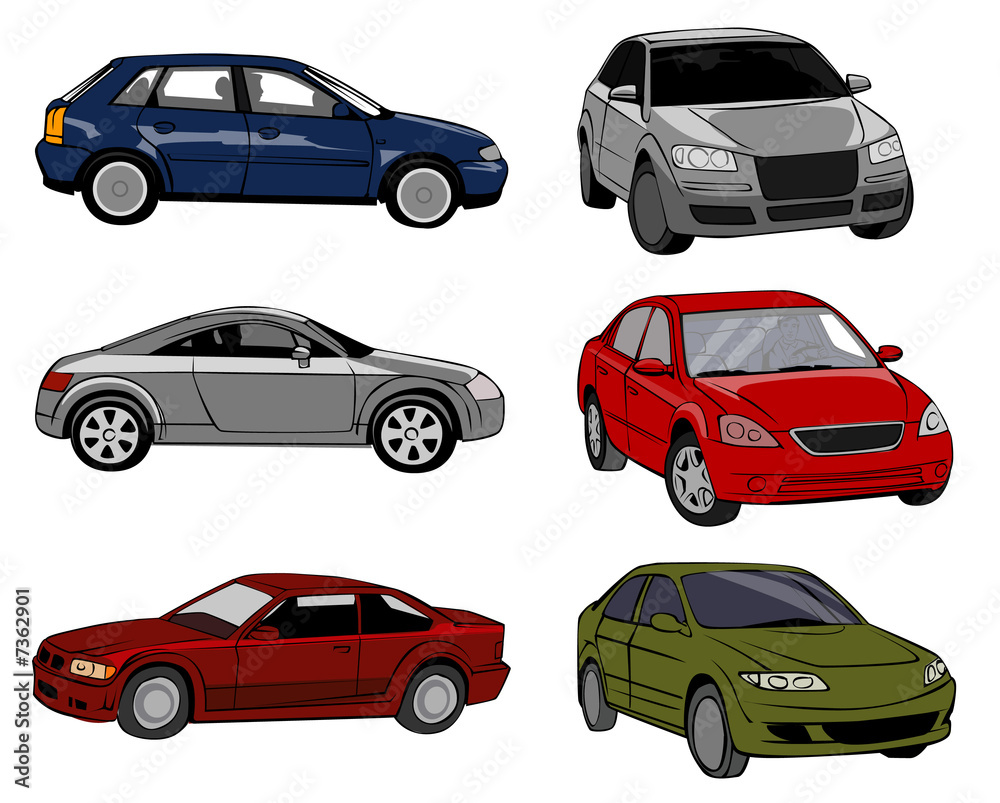 six cars on a white background
