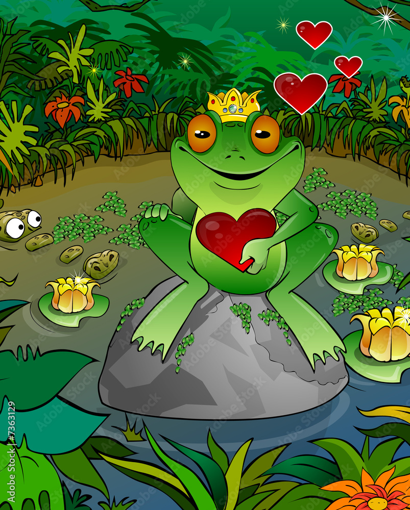 Frog on a background of a bog with heart