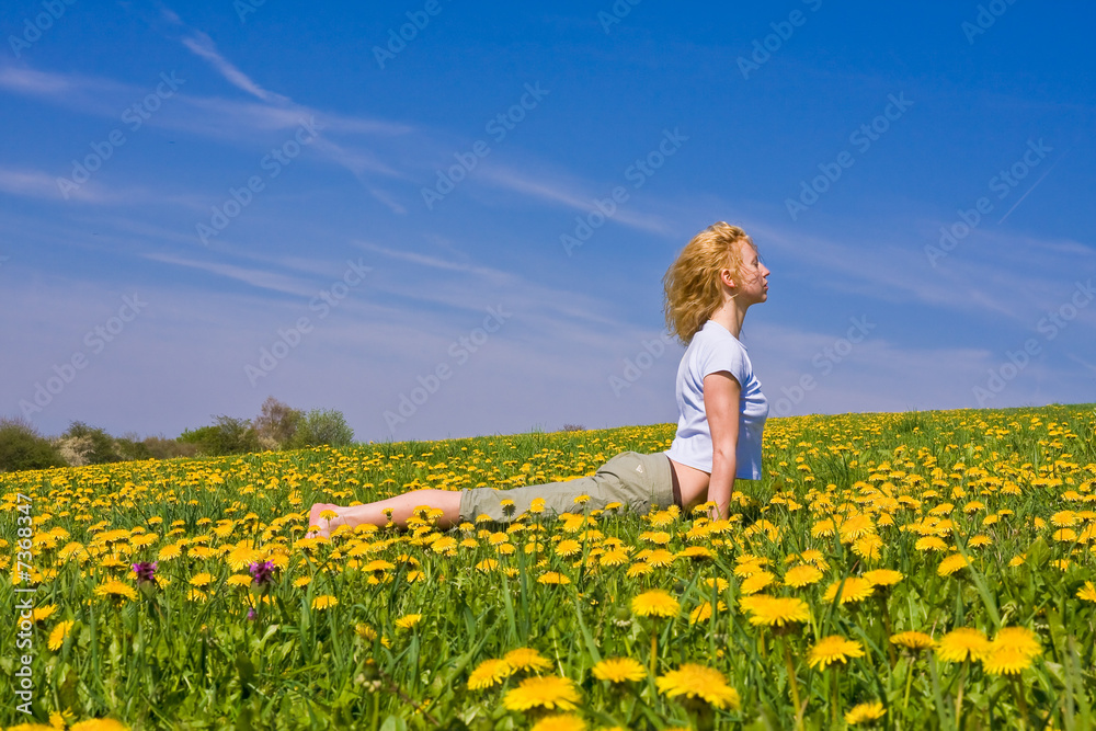 young female excercising yoga on flowery meadow young female excercising yoga on flowery meadow