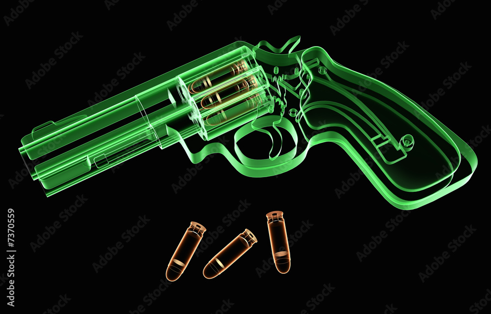 X-ray image of a revolver and ammunition on black background X-ray image of a revolver and ammunition on black background