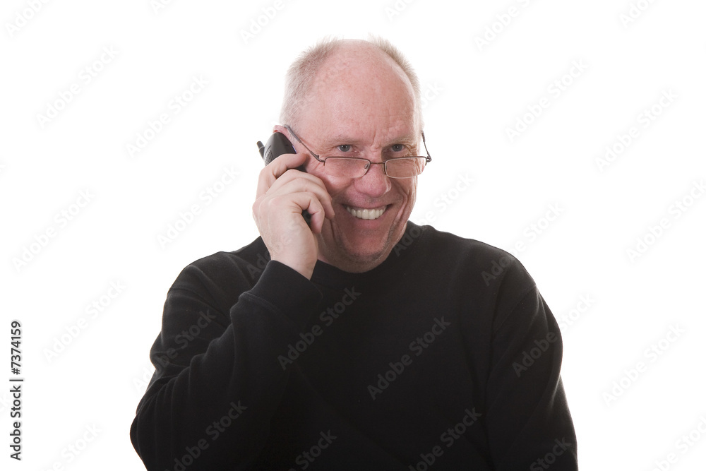 Old Guy in Black Shirt on Phone and Smiling Old Guy in Black Shirt on Phone and Smiling