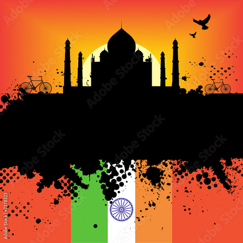 India Grunge city at sunset with the Taj Mahal