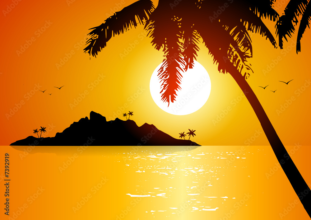 Tropical island at sunset