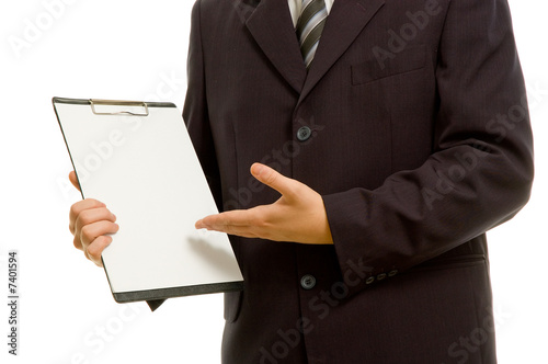 Businessman holding a blank clipboard. Room for your text