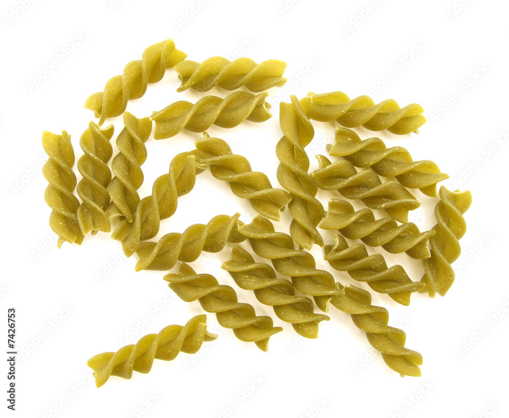 Fusilli green with spinach isolated on white Fusilli green with spinach isolated on white