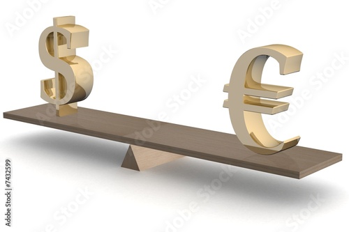 Dollar and euro on scales. ...