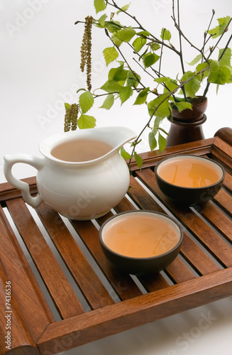 green tea in  cups on wooden tray